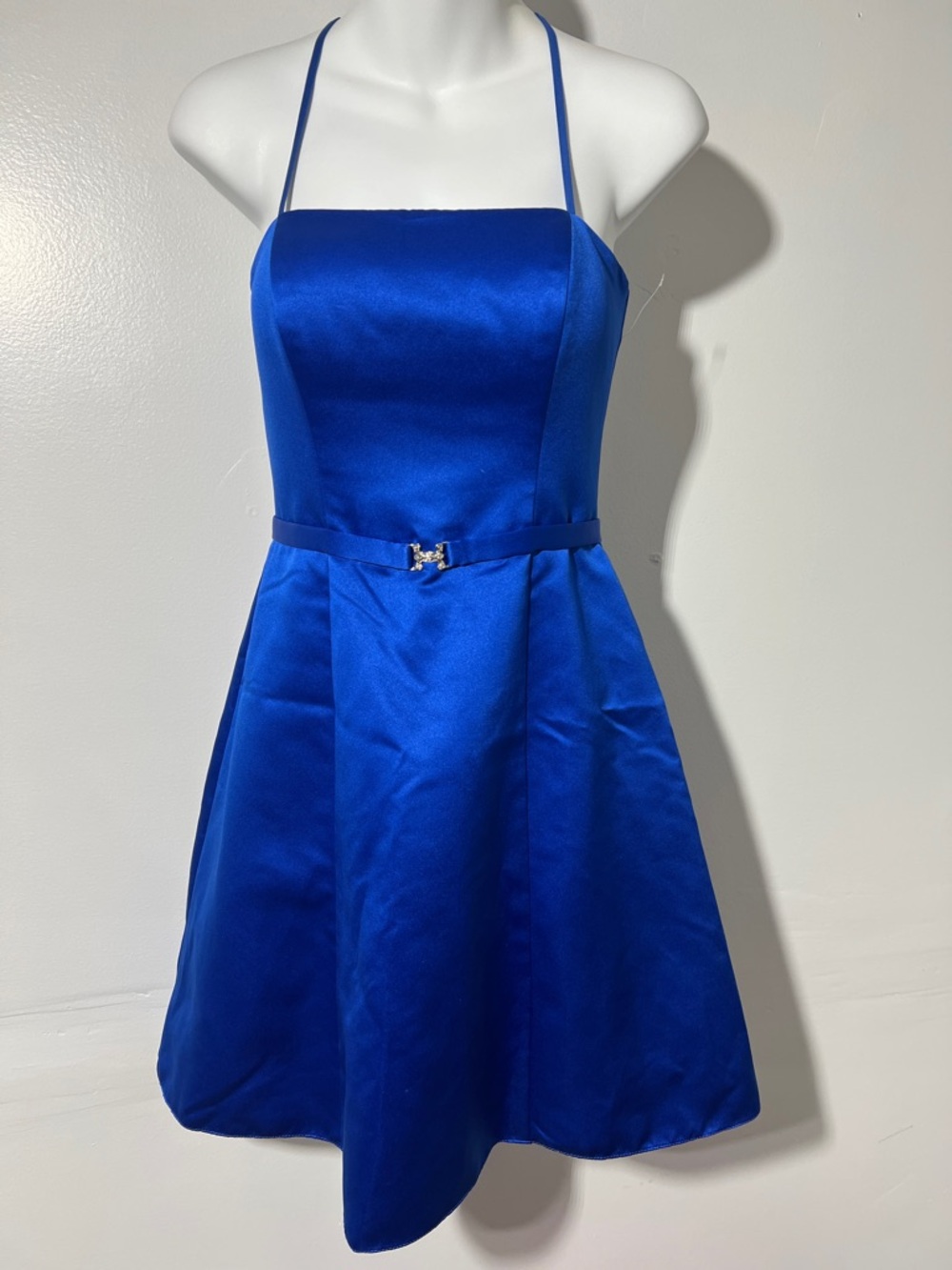 Girls Cobalt Blue Satin Halter Fit & Flare Party Dress